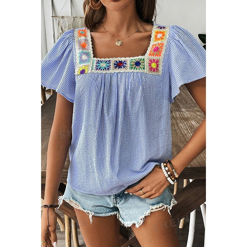Summer Floral Stitching Square Collar Pullover Women Striped Short Sleeve T shirt Women
