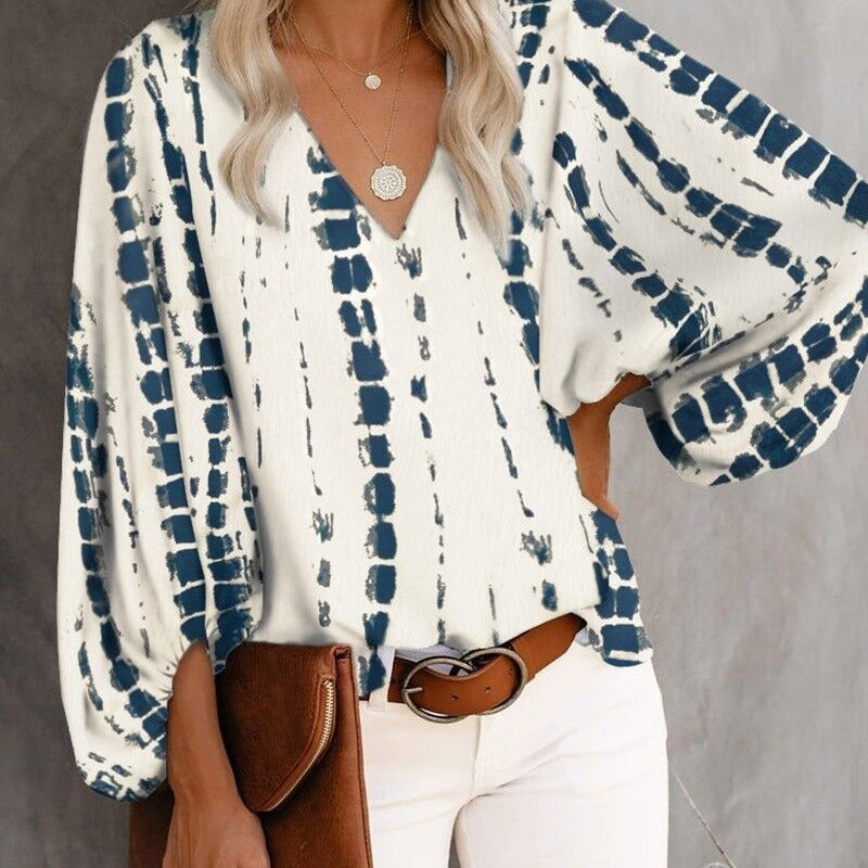 Spring Summer Women V-neck Lantern Sleeve Printed Long-Sleeved Top