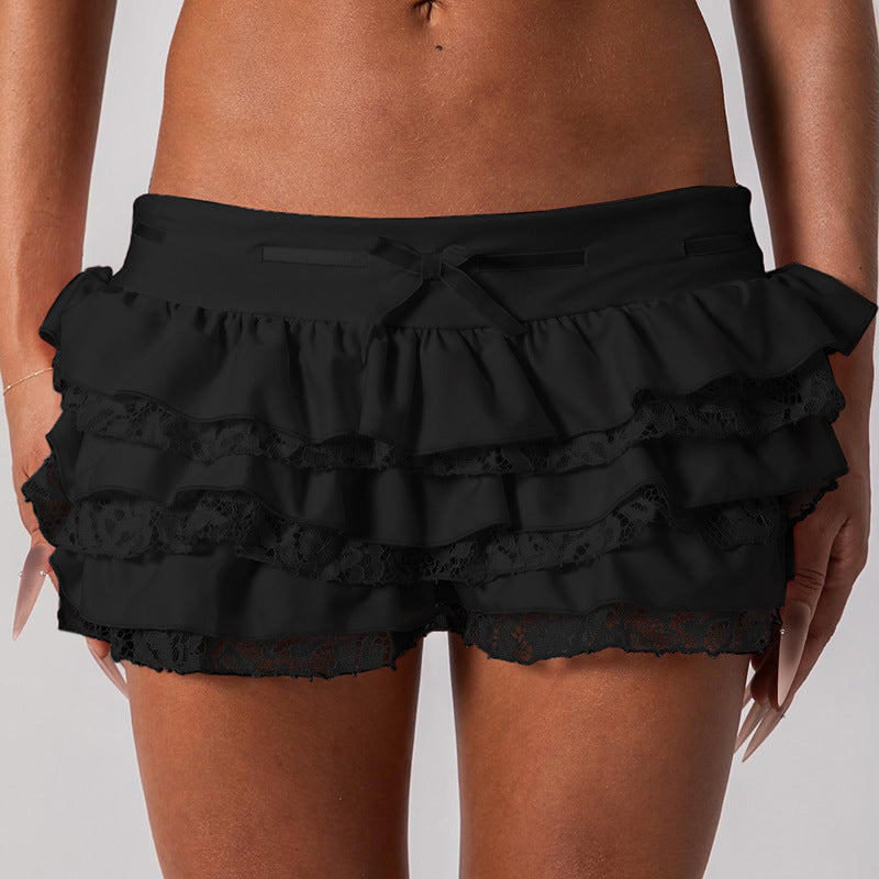 Sexy Street Sexy Skirt Solid Color Satin Stitching Multi Layer Tiered Dress Low Waist Skirt