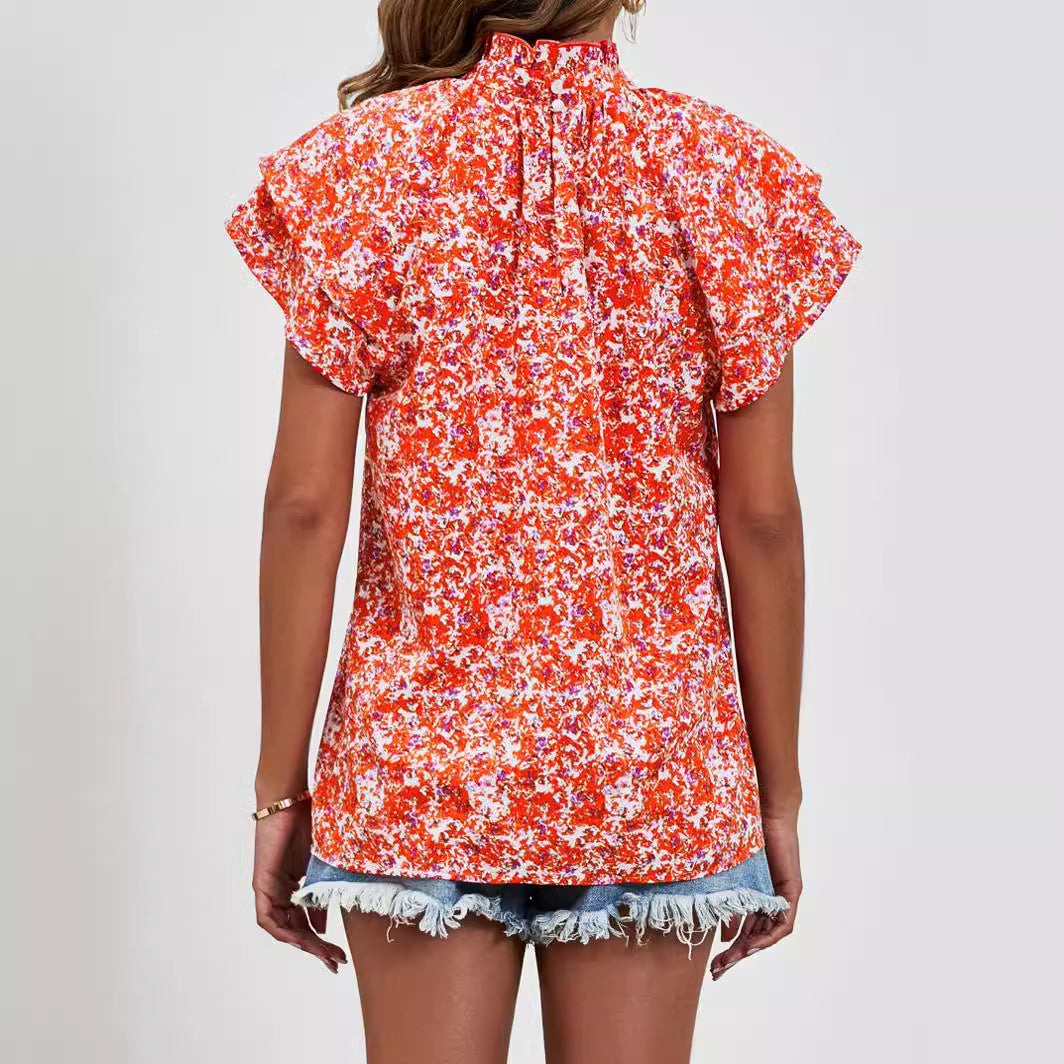 Women Top Half Turtleneck Double Layer Sleeve Casual Loose Printed Short Sleeved Top