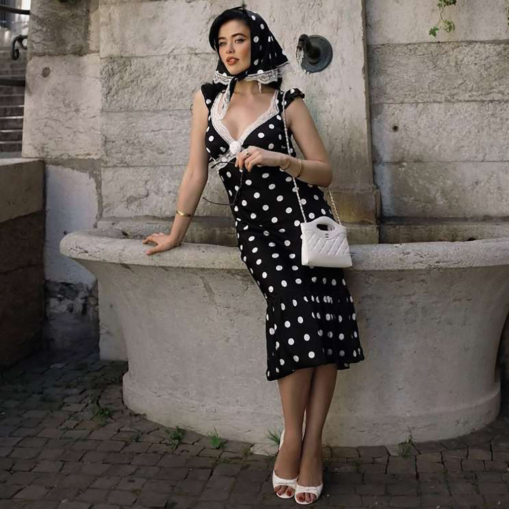 Women Clothing Autumn Elegance Retro V neck Slim Fit Sexy Backless Lace Polka Dot Dress Women