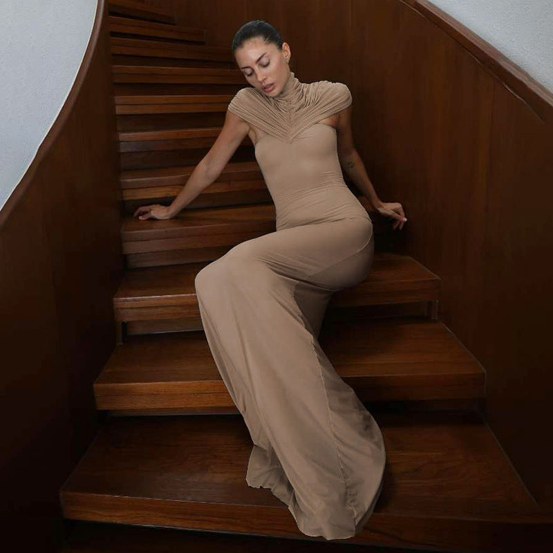 Women Clothing Autumn Winter Elegant Sexy Slim Hollow Out Cutout Pleated Turtleneck Solid Color Dress