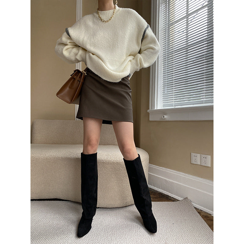 French Fashionable Simple High Waist Half Length A line Leather Skirt Short Skirt Hip Skirt Autumn Winter