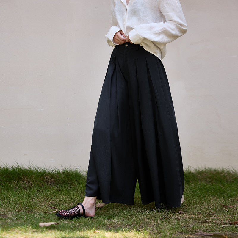 Women High Waist Pantskirt Autumn Winter Tencel Linen Pleated Big Hem A line Skirt Pants Crisp Elegant
