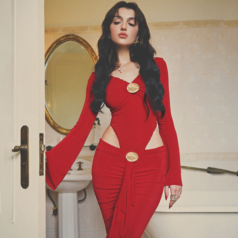 Graceful Women Metal Decorative Long Sleeved Jumpsuit Split Skirt Long Skirt Hollow Out Cutout out Cropped Two Piece Set