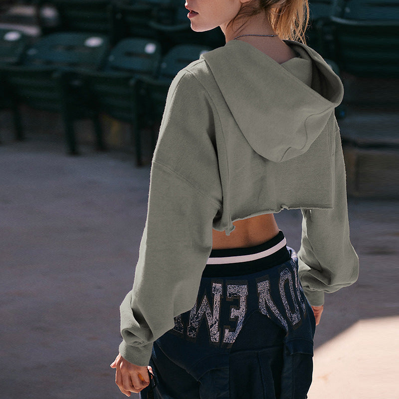 Short Hooded Zipper Sweatshirt Sports Coat Women Autumn Winter Cropped Solid Color Top