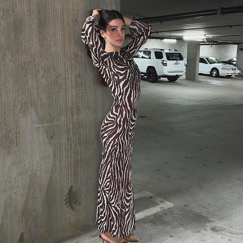 Bohemian See through Dress Casual round Neck Long Sleeve Printed Dress for Women Autumn Winter