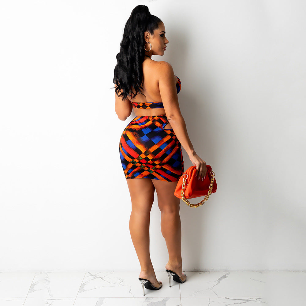 Conjunto de dos piezas de falda corta con tirantes en el pecho y falda a la cadera para discoteca sexy