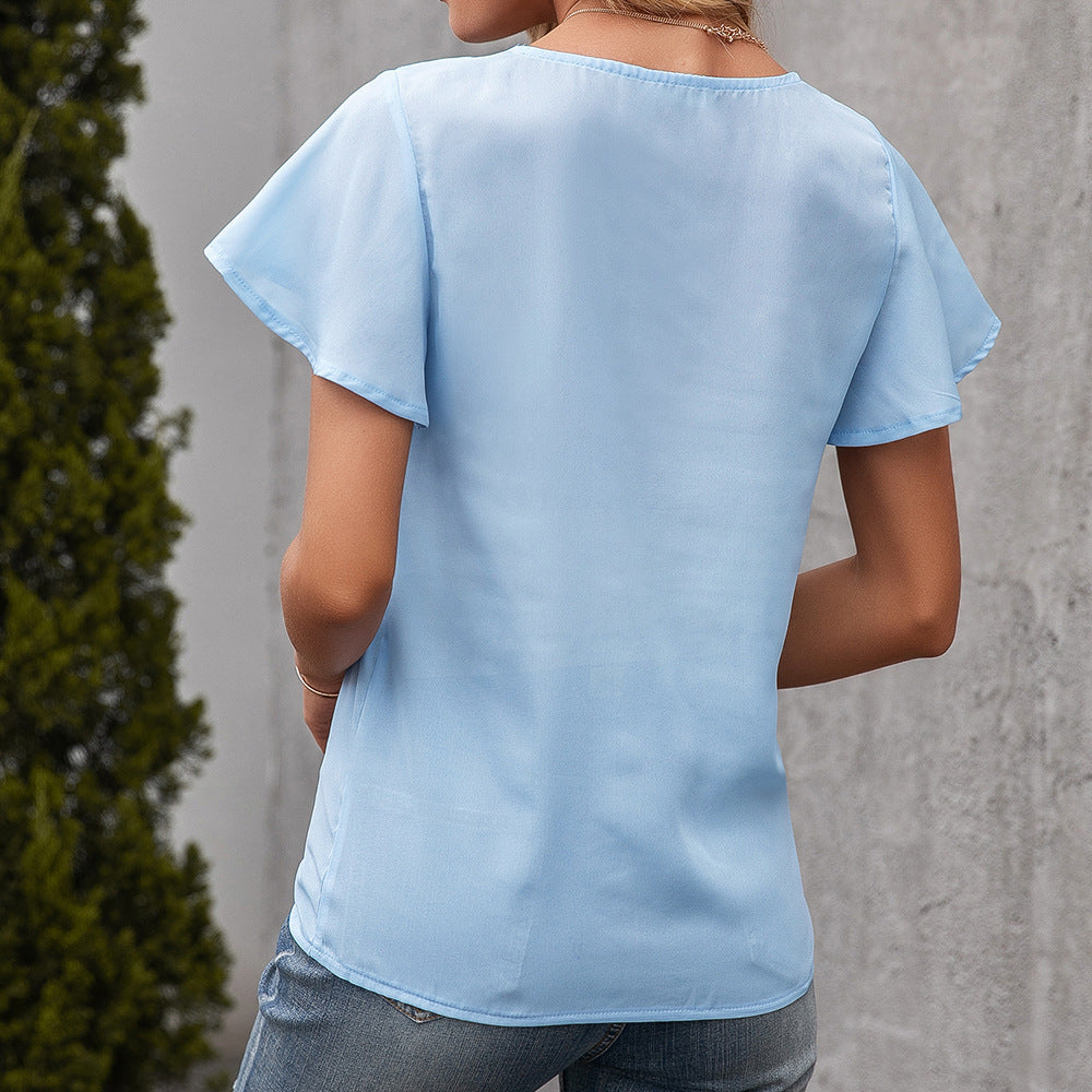 Summer Simple Ladies V neck Casual Loose Hollow Out Women