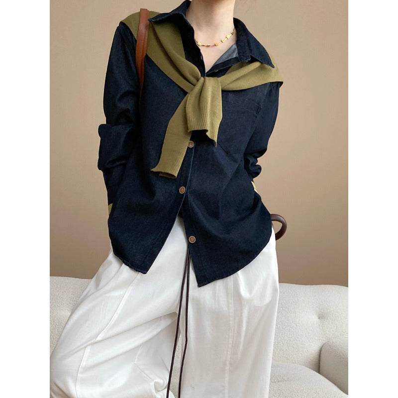 Fashionable Blogger Retro Denim Shirt Contrast Color Knitted Two Piece Sets with a Shawl