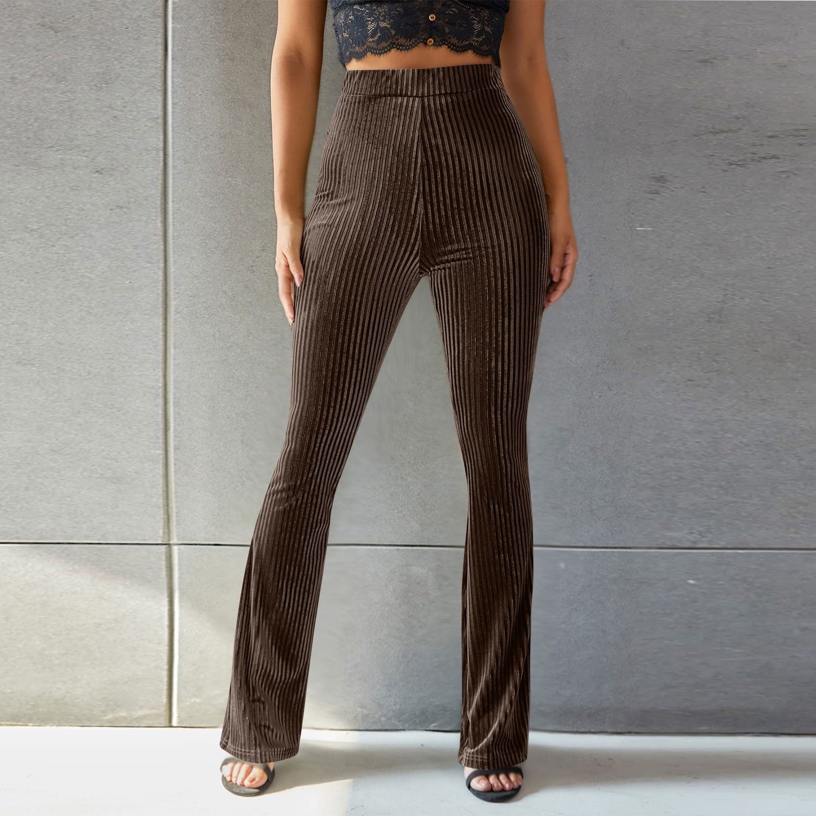 Women Clothing Sexy Solid Color High Waist Pleuche Sunken Stripe Bell Bottom Pants