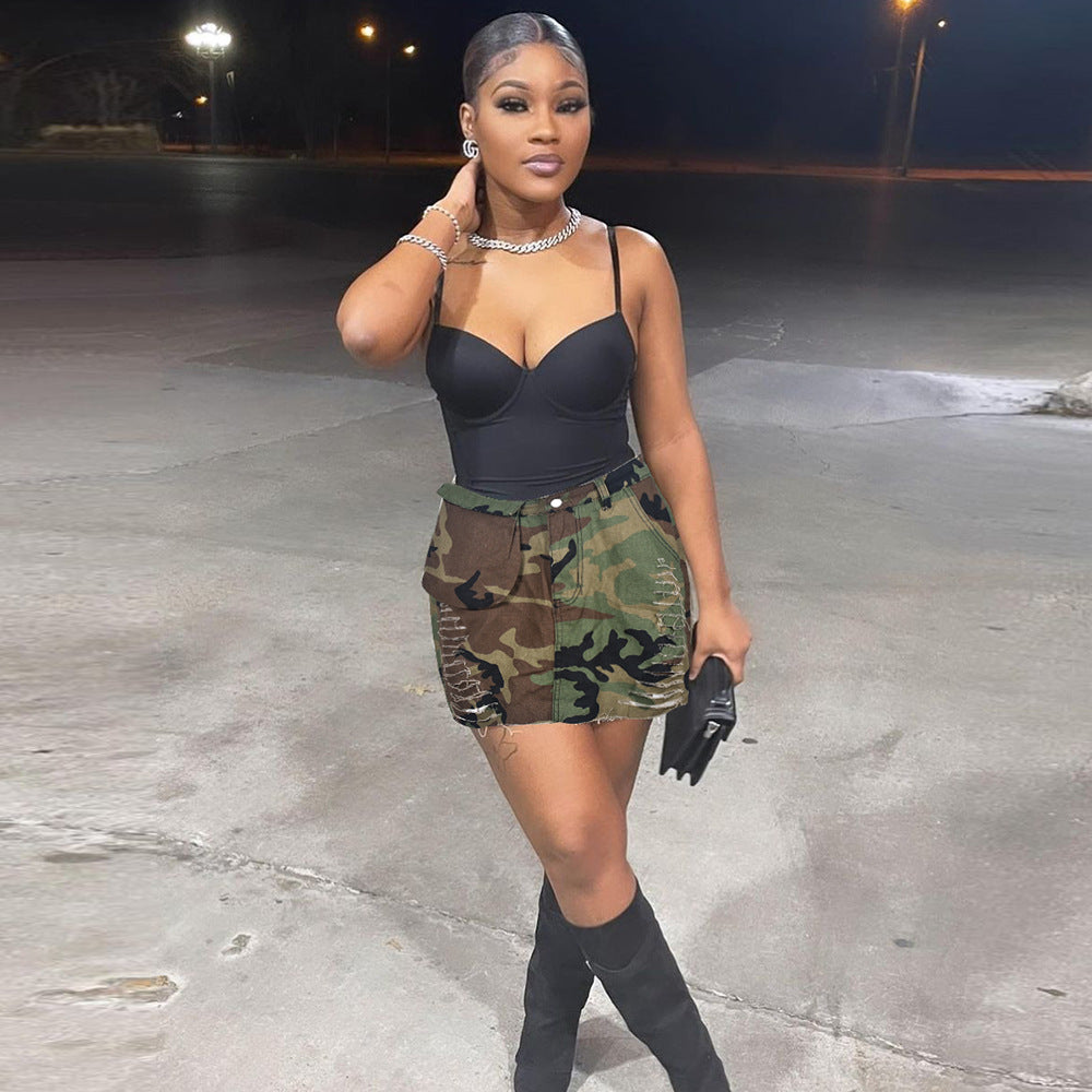 Women Clothing Summer Camouflage Pocket Tassel Hollow Out Cutout Skirt