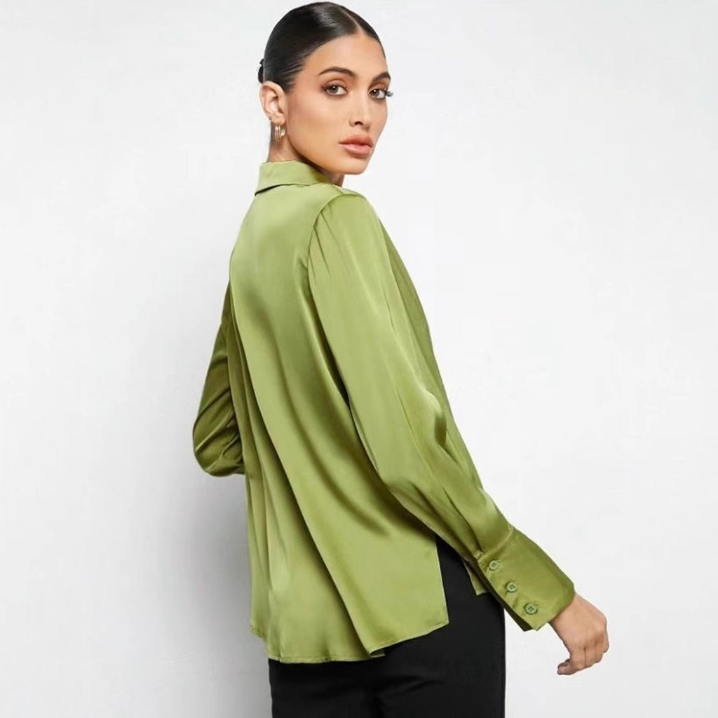 Satin Faux Silk Shirt Spring Summer Women Clothing Minimalist Long Sleeve Shirt Top