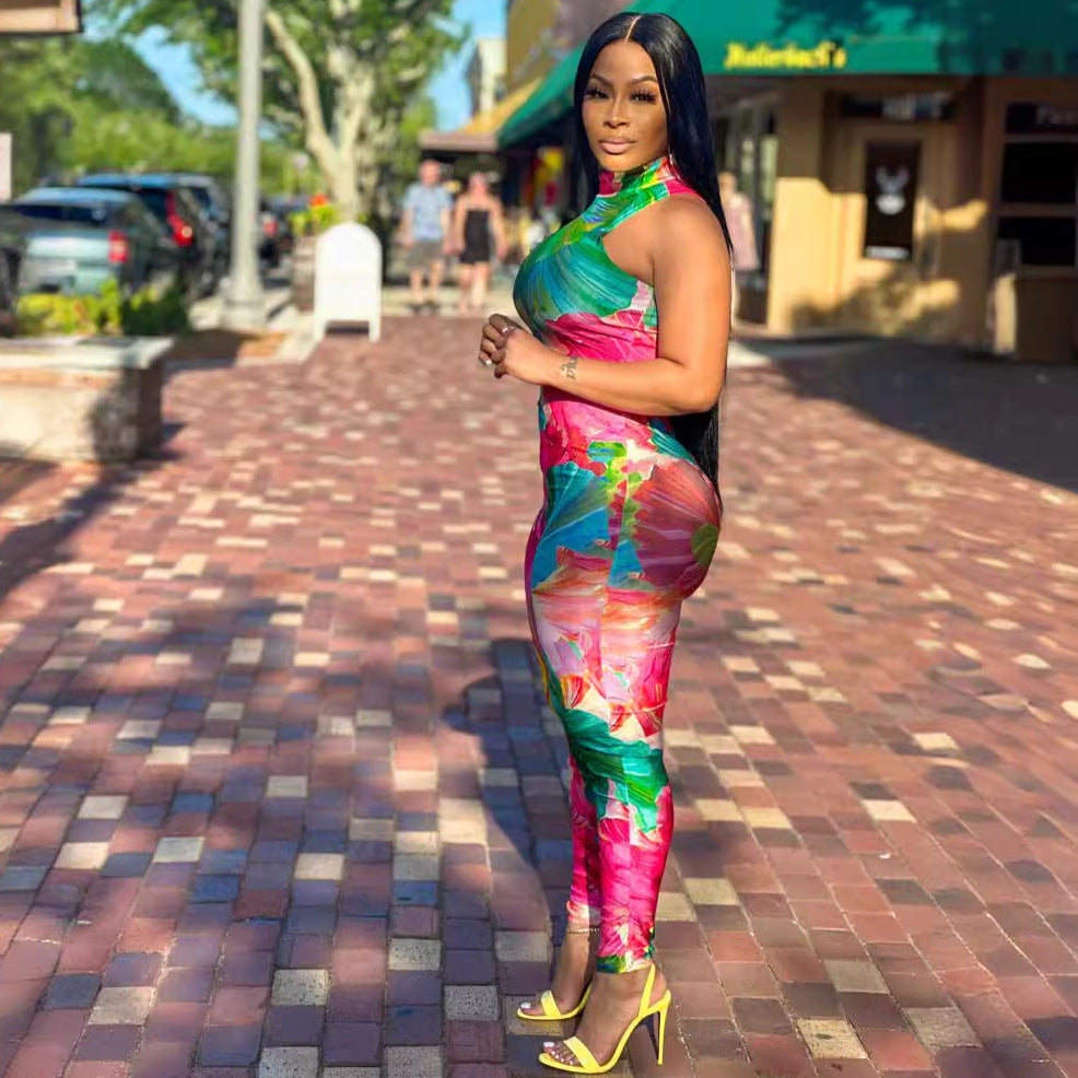 Printed Stretch Slim Sleeveless Tight Jumpsuit