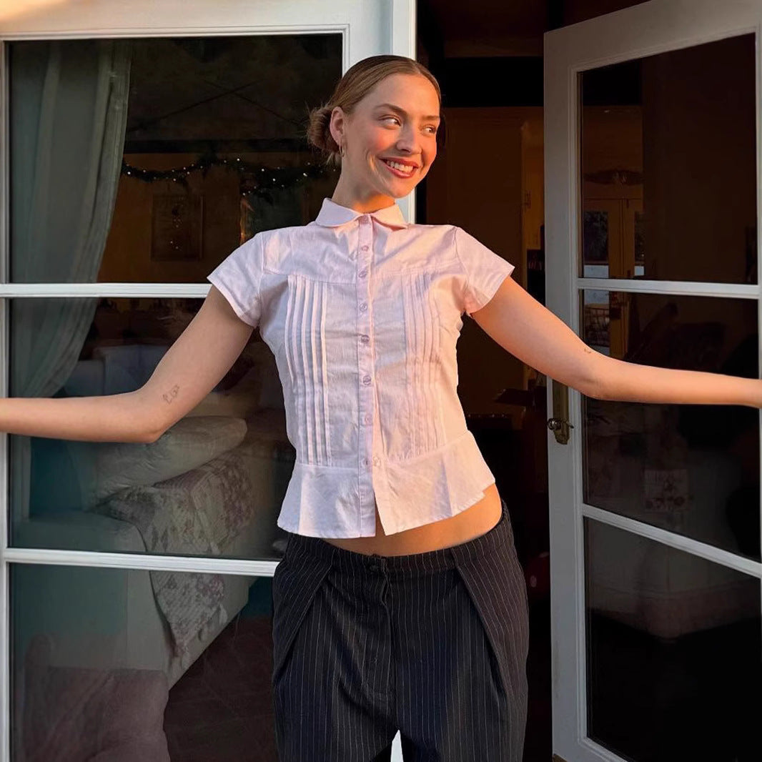 Organ Pleated Gentle Girl Waist Trimming Shirt Trend Women Wear Fresh Solid Color Short Sleeve Top