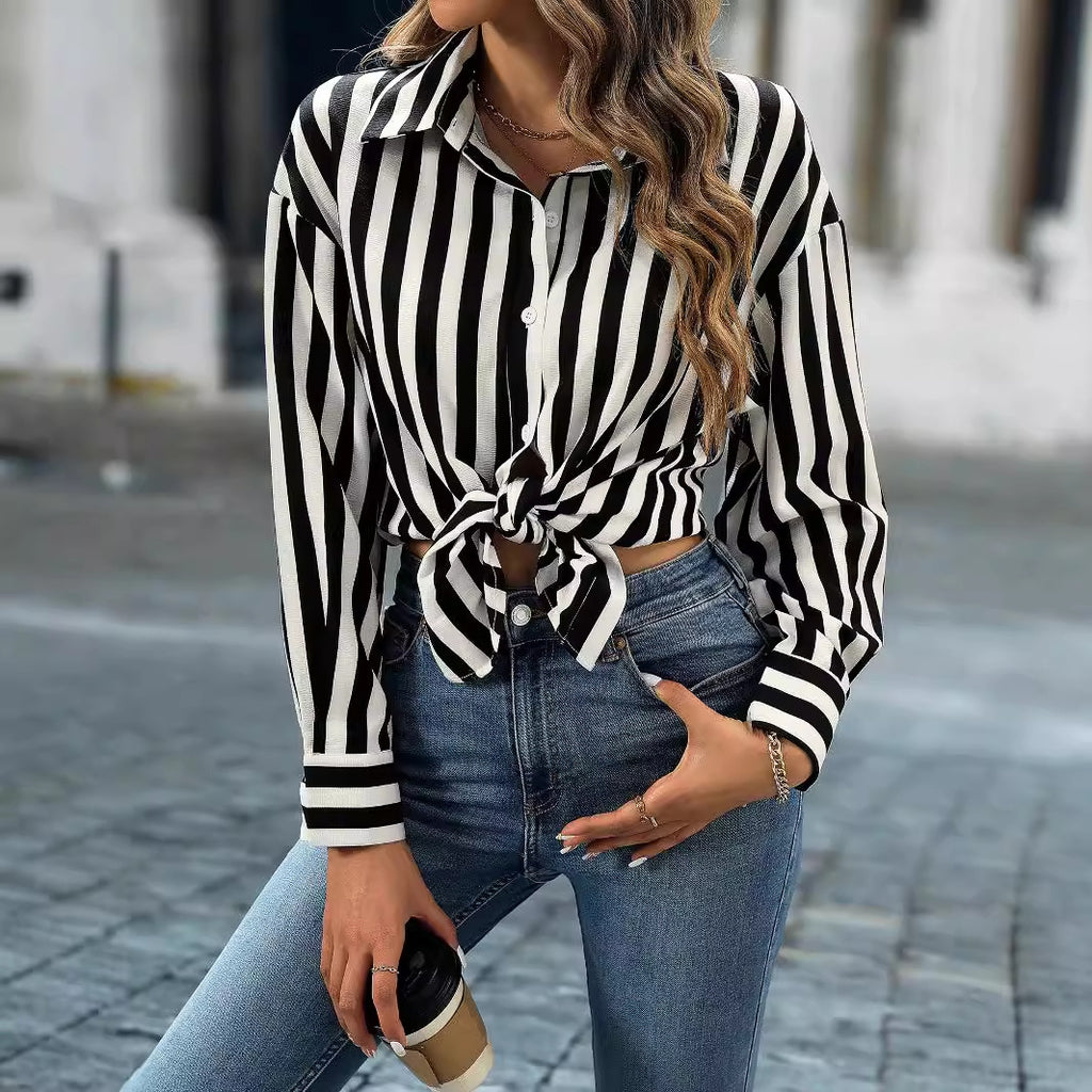 Women Clothing Best Seller Spring Autumn Striped Collared Can Open Long Sleeve Women Shirt