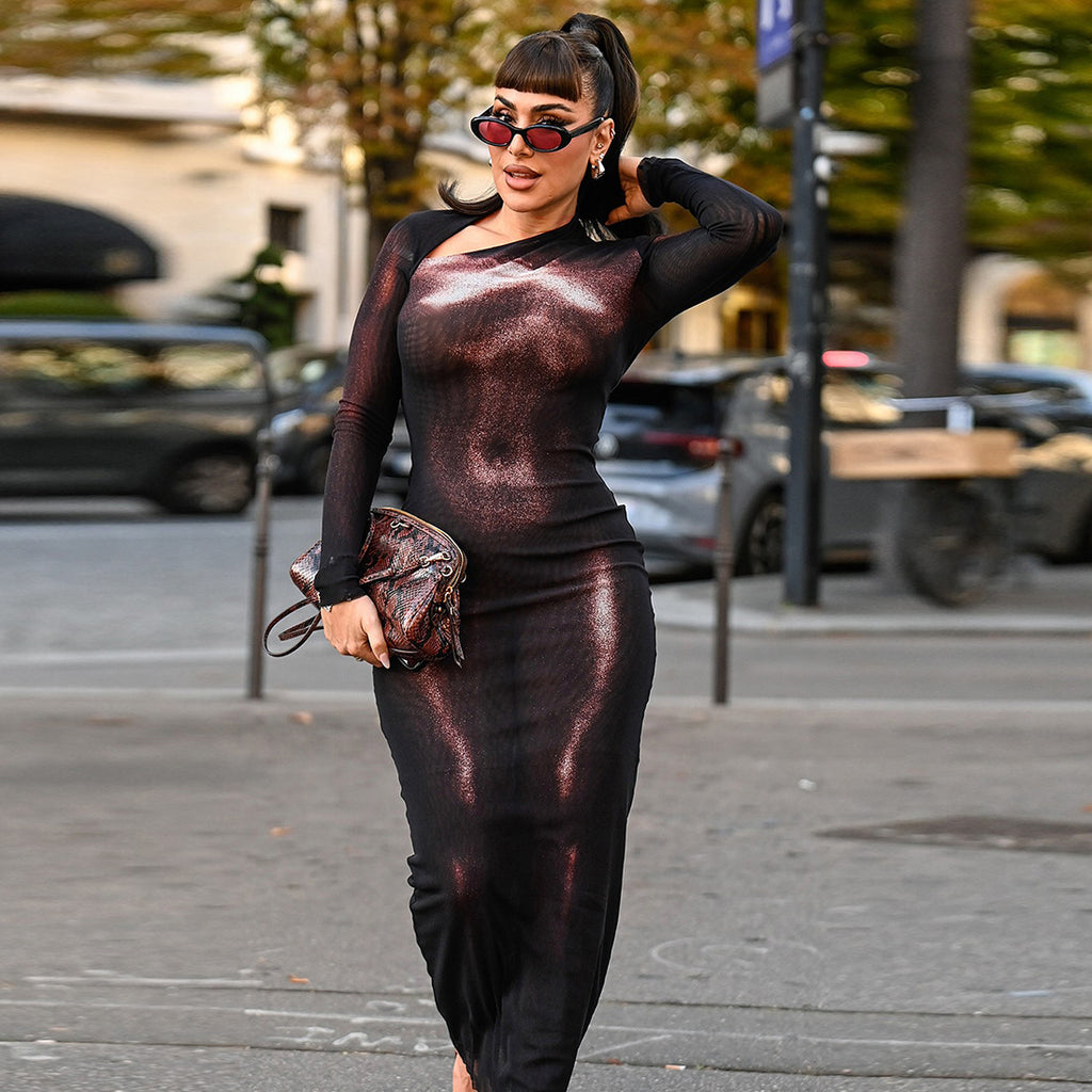 Robe imprimée sexy à col diagonal et manches longues, coupe fourreau, col rond et col en V pour femme, automne-hiver