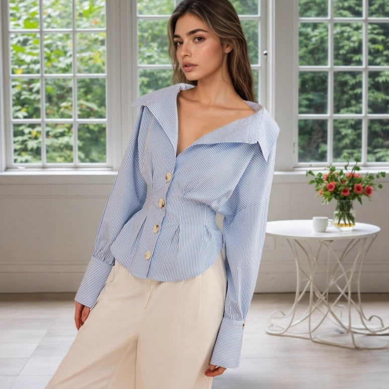 Elegant Shirt Elegant Collared Puff Sleeve Pleated Waist Tight All Match Striped Long Sleeved Top
