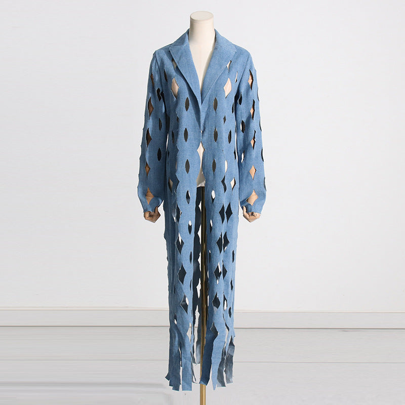 Winter Street Hipster Twisted Ripped Design Long Denim Jacket Tassel Top for Women