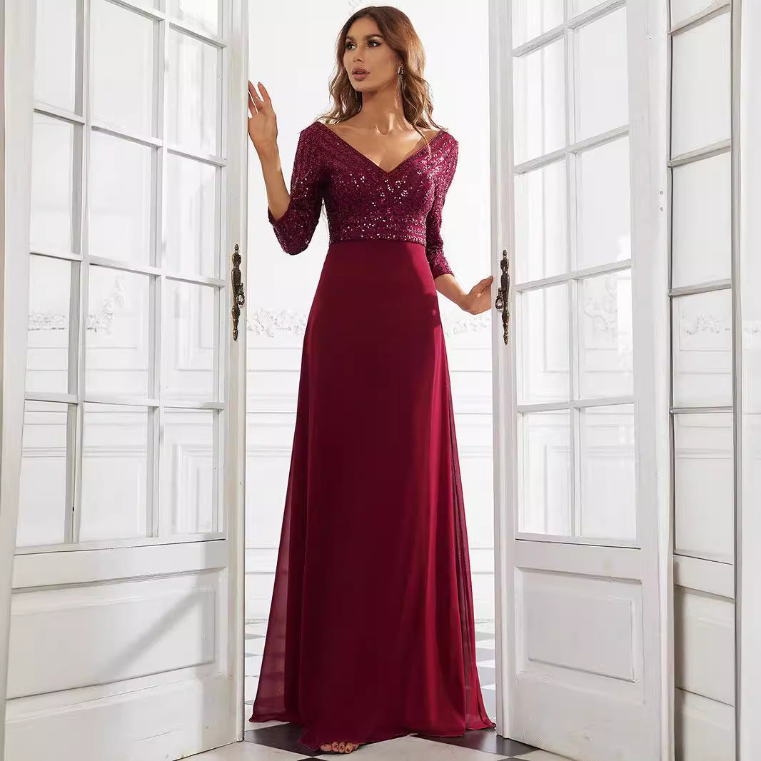 Middle East Women Chiffon Double V neck Dress A line Large Hem Sequin Stitching Evening Dress
