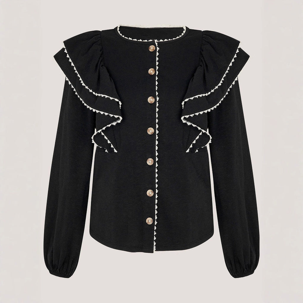 French Ruffled Long-Sleeved Shirt Women Autumn Polo Collar Single Row Multi Buckle All Matching Top