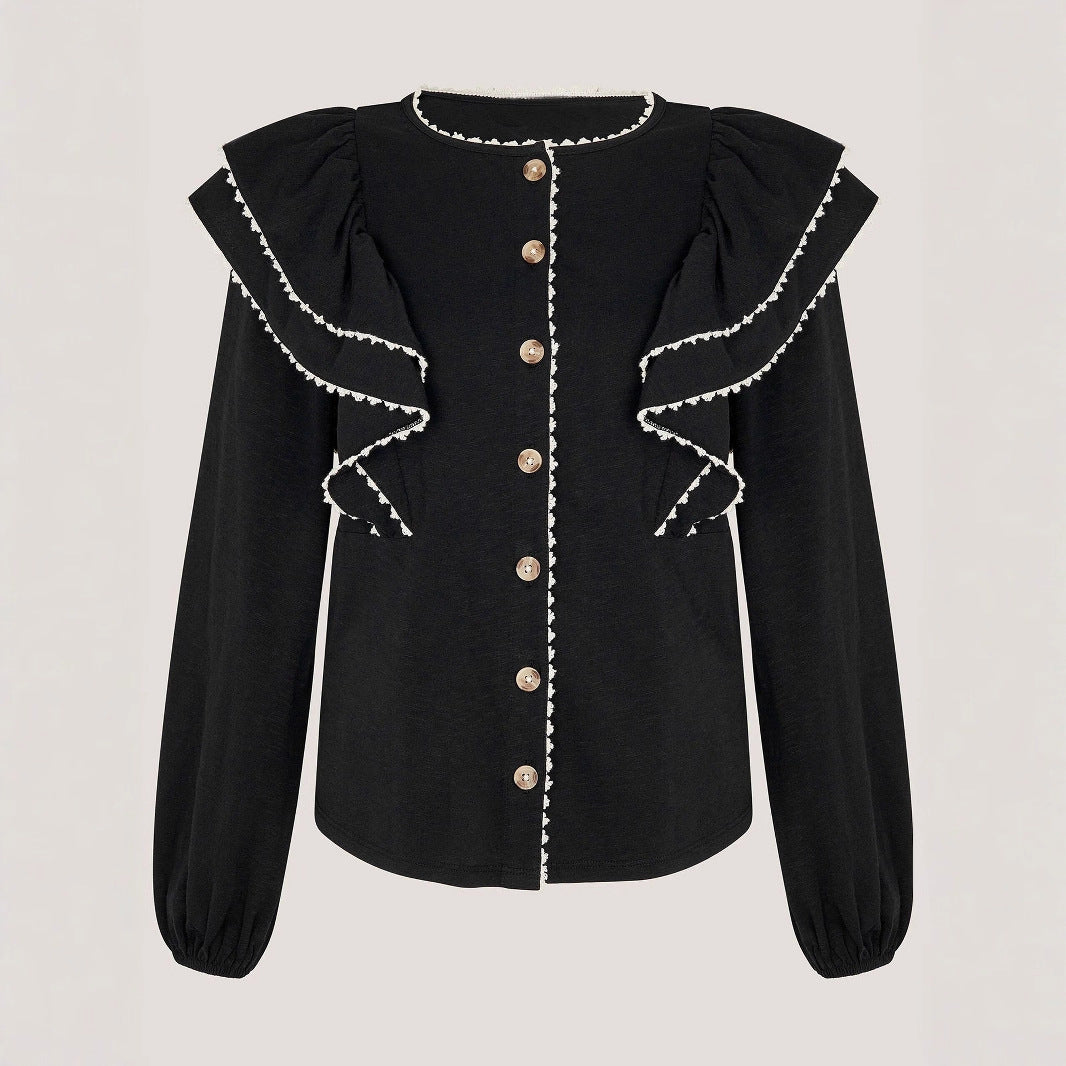 French Ruffled Long-Sleeved Shirt Women Autumn Polo Collar Single Row Multi Buckle All Matching Top