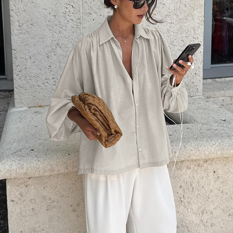 Simple Loose Fitting Women Shirt Spring Autumn Polo Collar Long Sleeve Cardigan Shirt Office Top