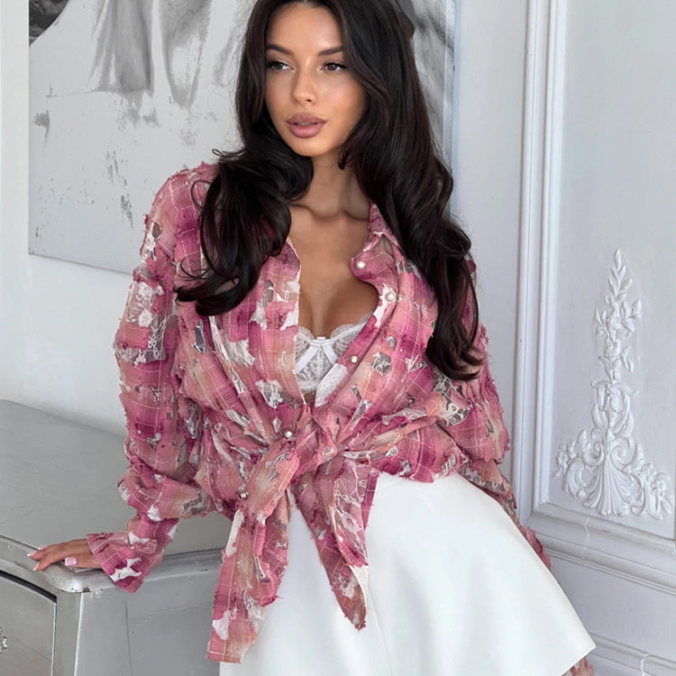 Street Spring Autumn Ripped Design Pink Plaid Shirt Women Collared Long Sleeve Cardigan All Matching Top