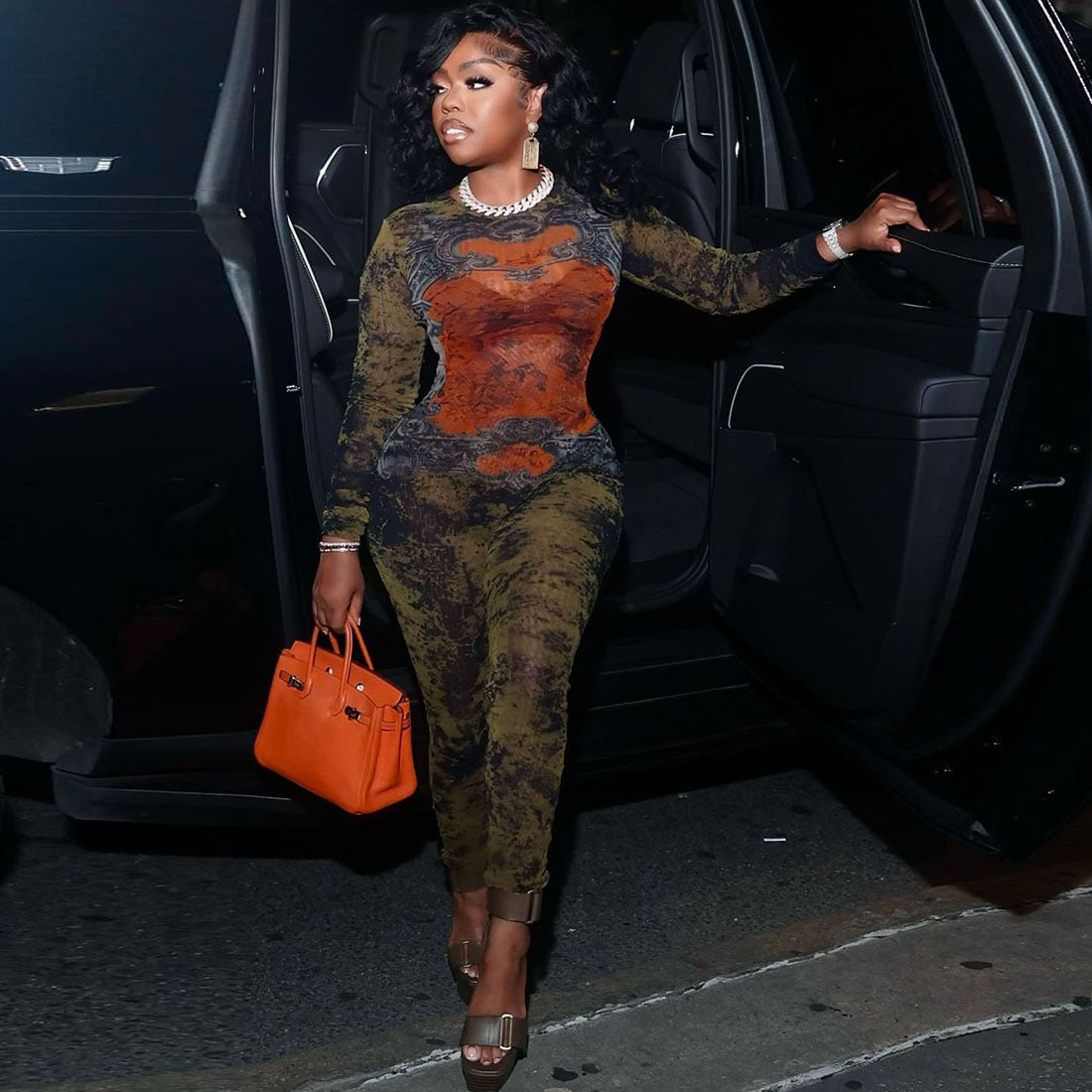 Summer Women Clothing Printed Sexy Mesh High Waist Slim Fit Zipper Long Sleeve Jumpsuit