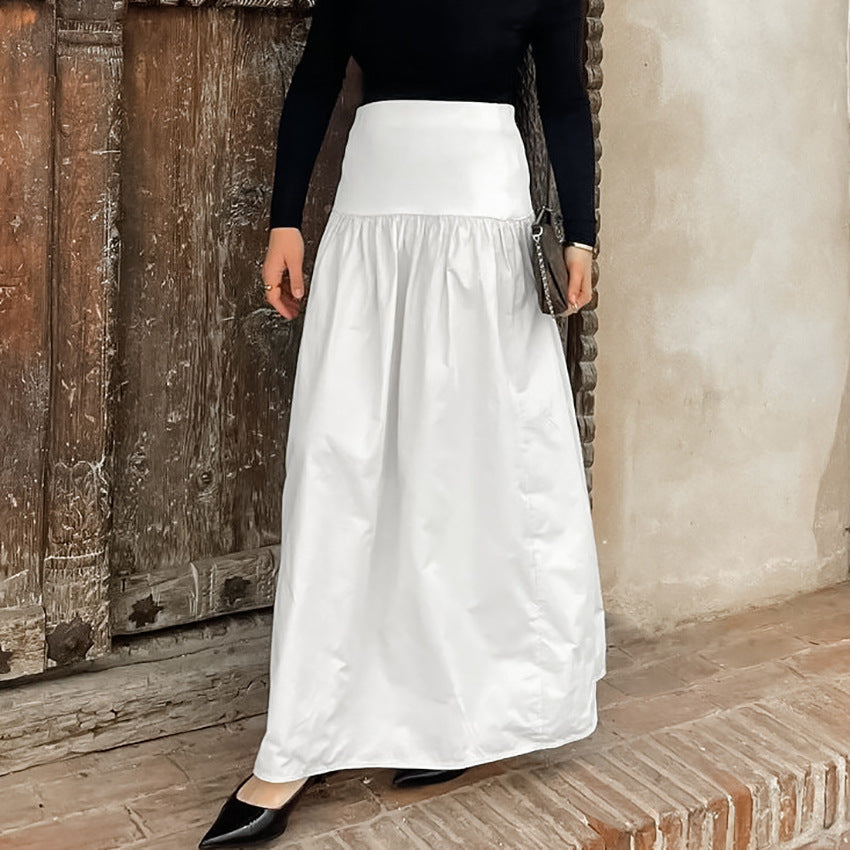 Falda larga de algodón blanca, holgada, cómoda y de cintura alta, informal, elegante, francesa, para otoño