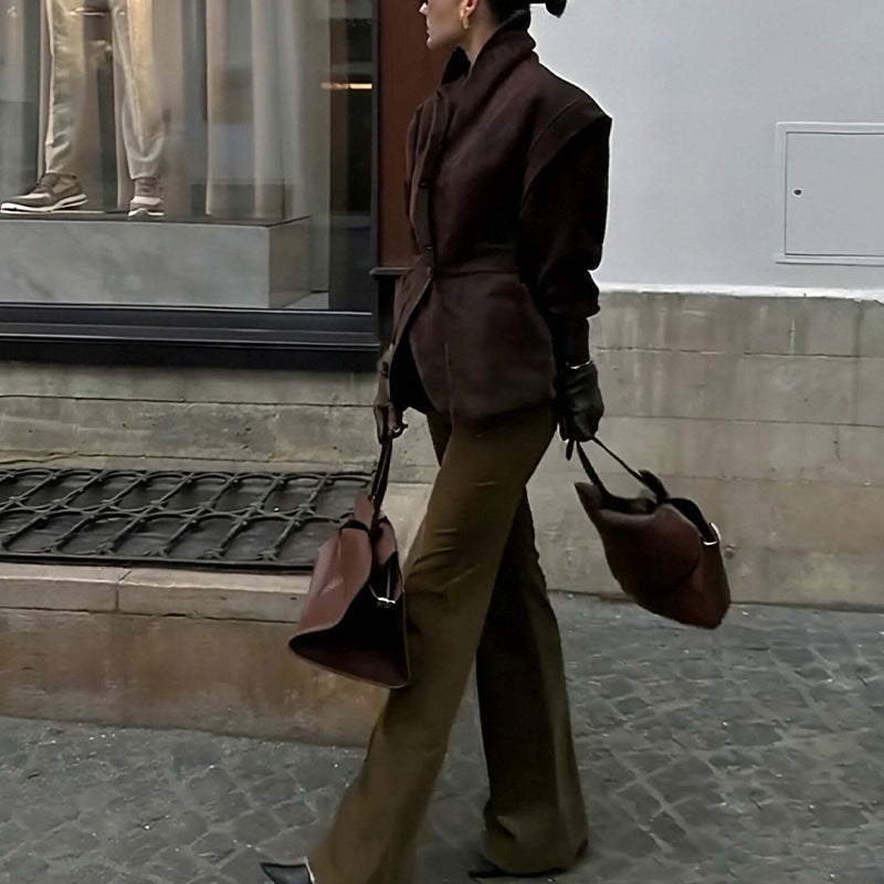 Women Clothing Autumn Winter Street Waist Clip Button Coat