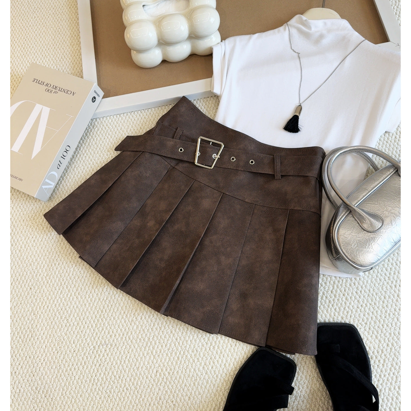 Maillard Tie Dyed Skirt Women Faux Leather Skirt Autumn Winter High Waist Slimming A line Skirt Brown Pleated Skirt