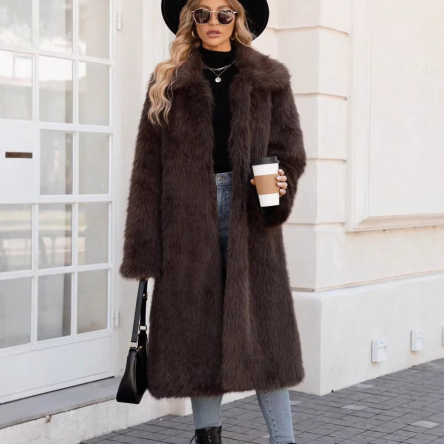 Faux Fur Coat Top Faux Fur Long Cut Coat Warm Keeping Cold-Proof Trench Coat