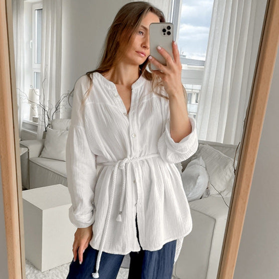 White Cotton Bubble Crepe Small Stand up Collar Tie Long Sleeved Shirt Women Top