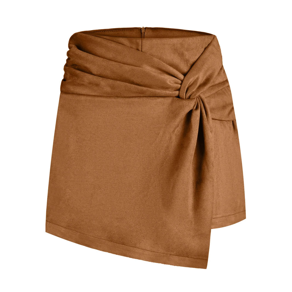 Women Skort Suede Kinked Pantskirt Heap Pleated Irregular Asymmetric Pantskirt Short Skirt