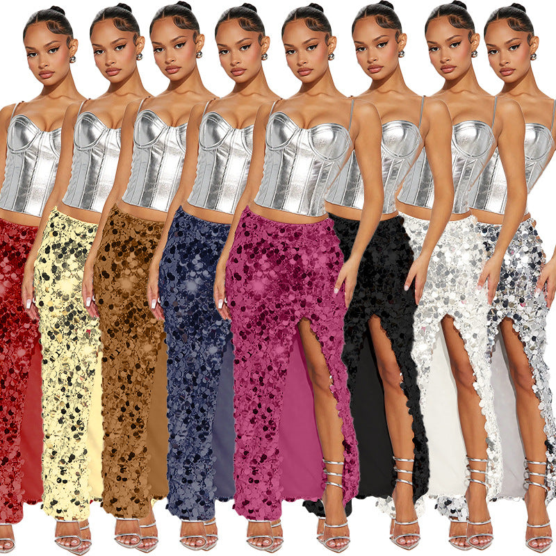 Sexy Women Wear Dress Sequin Dress Women Dress Slit Half Length Sequin Maxi Dress