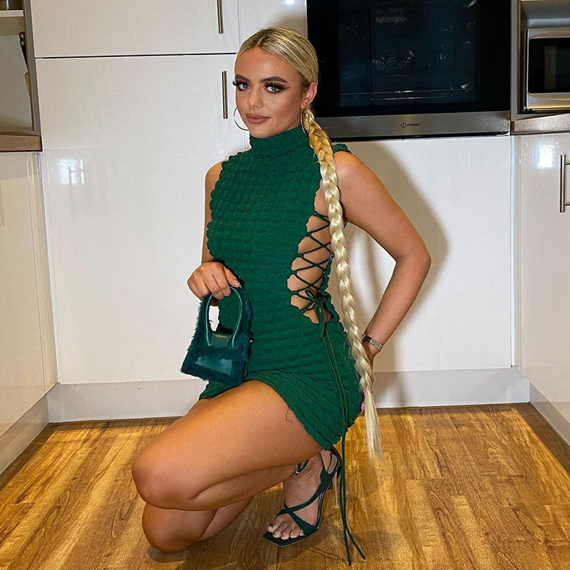 Spring Summer Women round Neck Sleeveless Sexy Lace-up Hollow Out Cutout Slim Sheath Dress textured