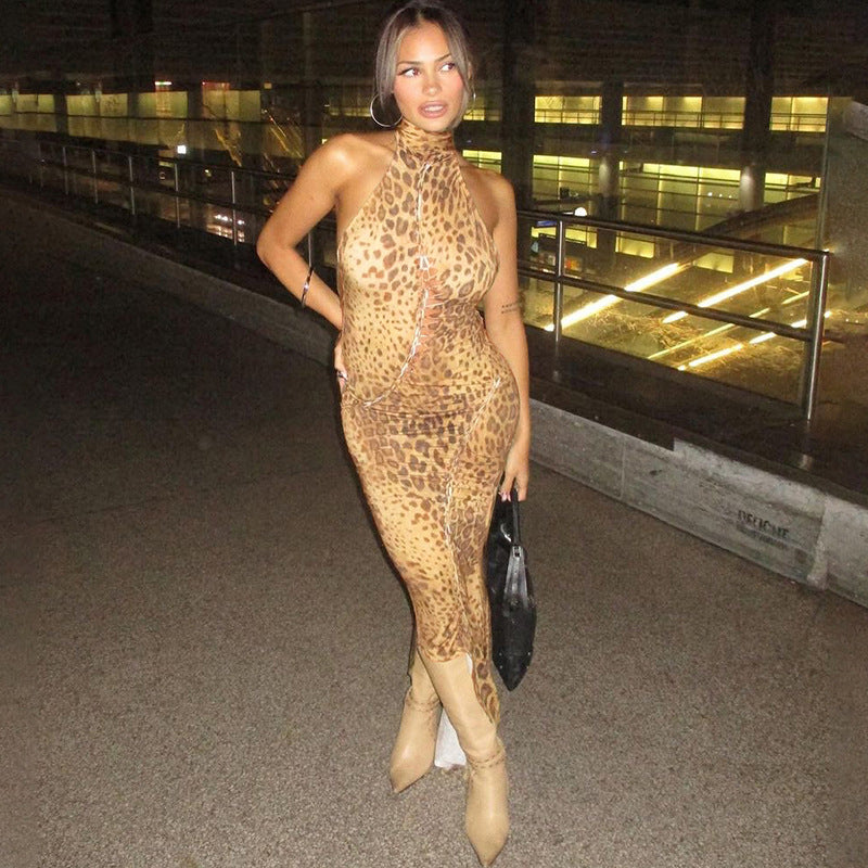 Summer Sexy Backless Slim Fit Strap Halter Irregular Asymmetric Leopard Print Dress Women