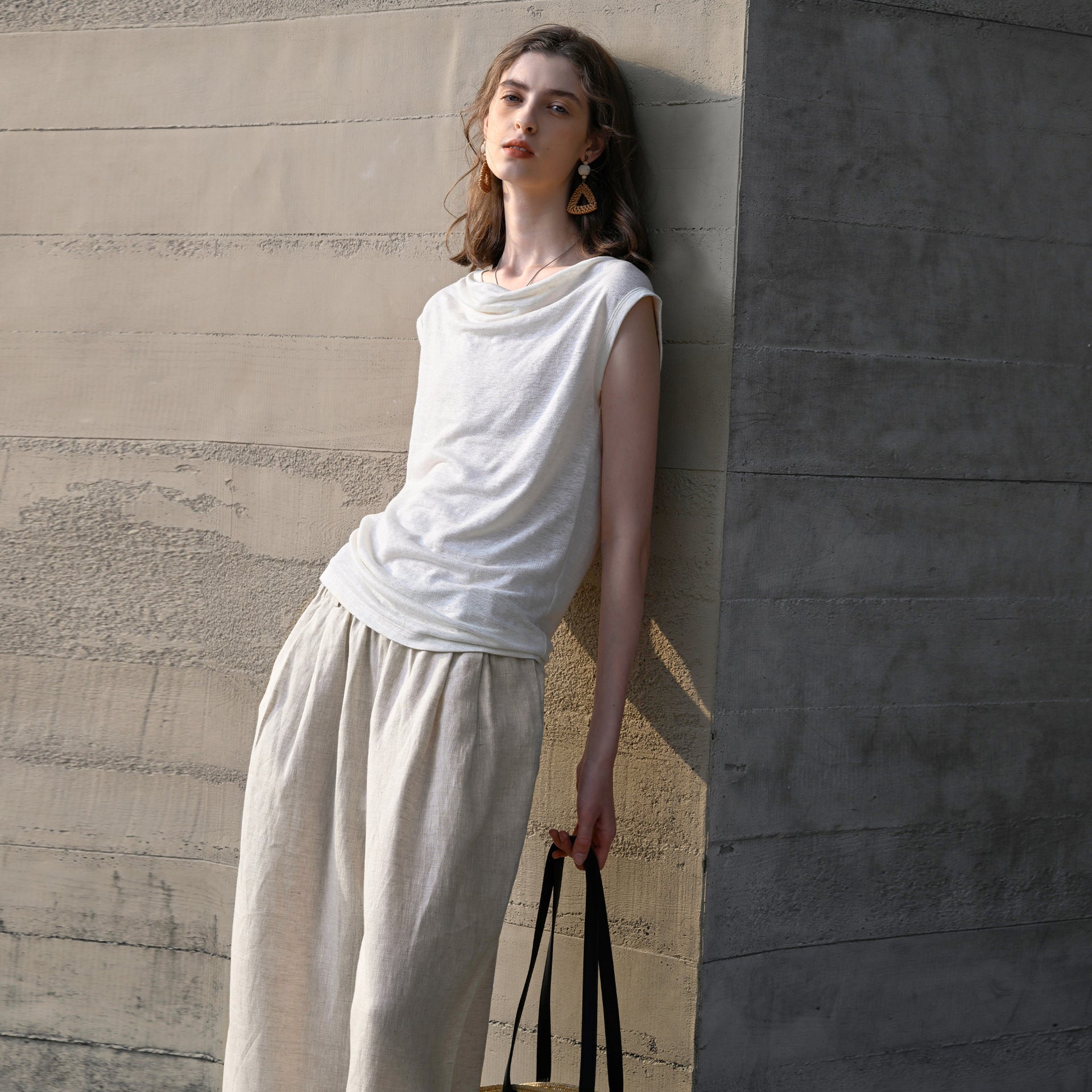 Pure Linen Casual Pants Women Summer Comfort Breathable Trousers Casual Elastic Waist Straight Leg Pants
