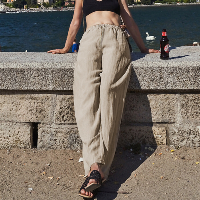High Grade Tencel Linen Solid Color Casual Trousers Drawstring Waist Straight Leg Pants Women Summer Loose High Waisted Trousers