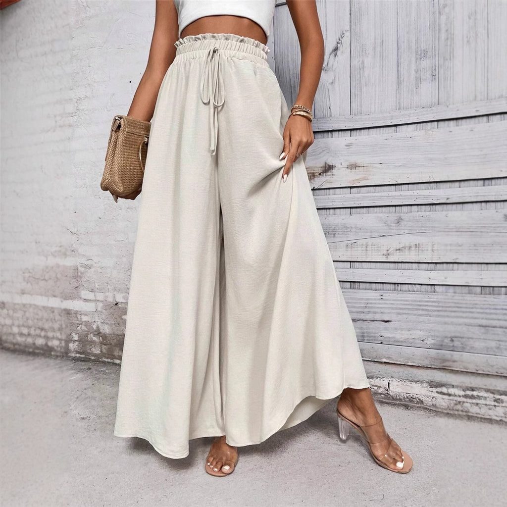 Spring Summer Loose Casual Women Clothing Elastic High Waist Lace up Wide Leg Trousers