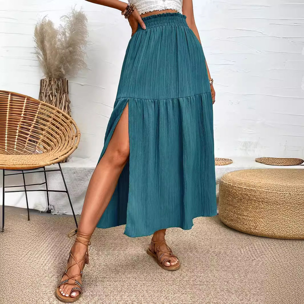 High Slit Ruffled Smocking Waistline Skirt Spring Summer High Grade Long Skirt for Women