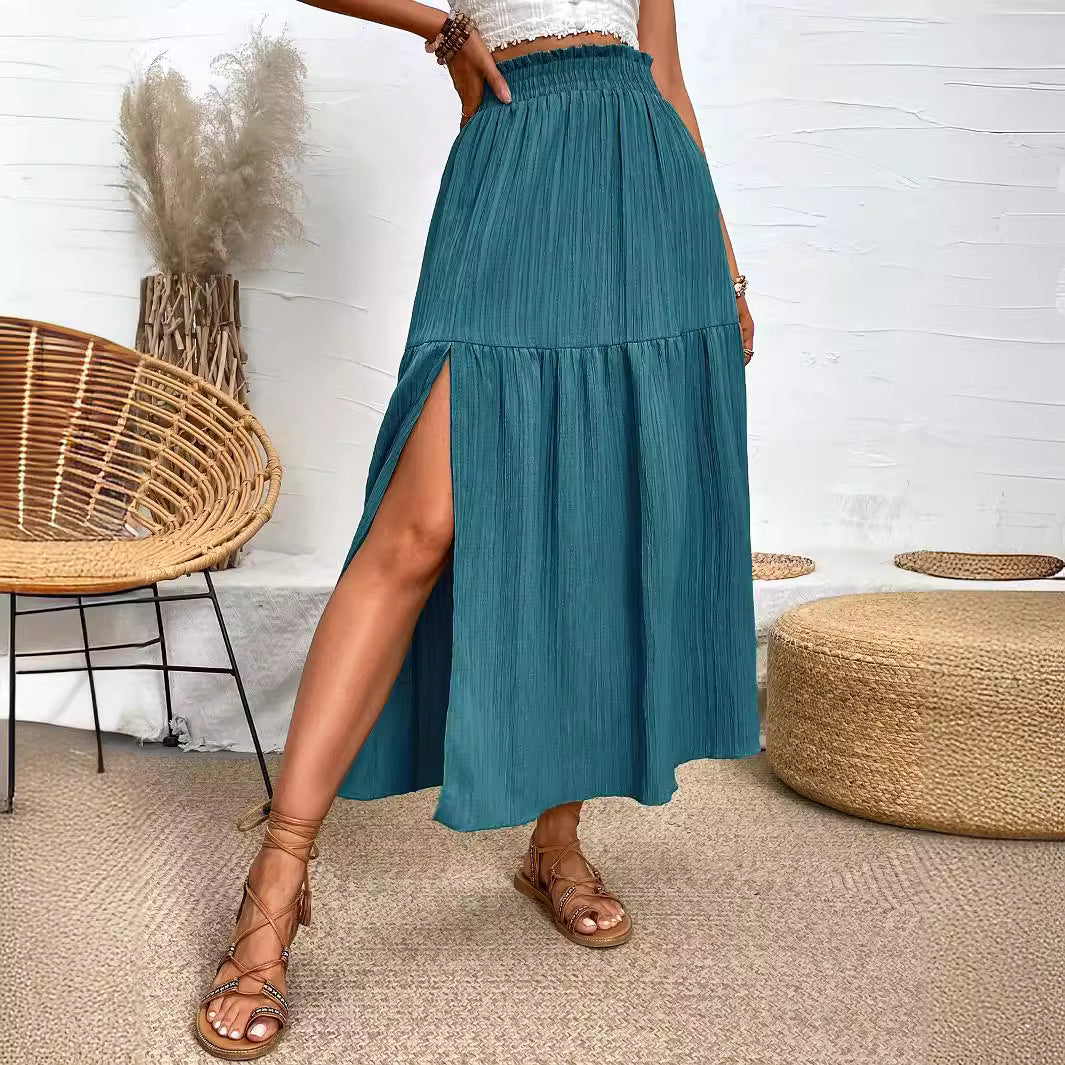 High Slit Ruffled Smocking Waistline Skirt Spring Summer High Grade Long Skirt for Women