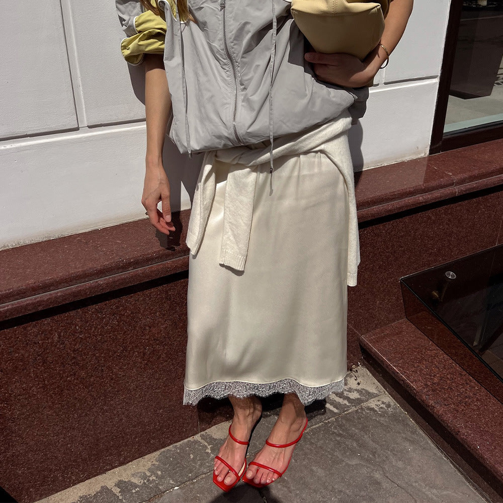 Falda de satén con costura de encaje francés, sexy, de color liso, de cintura alta y corte ajustado.