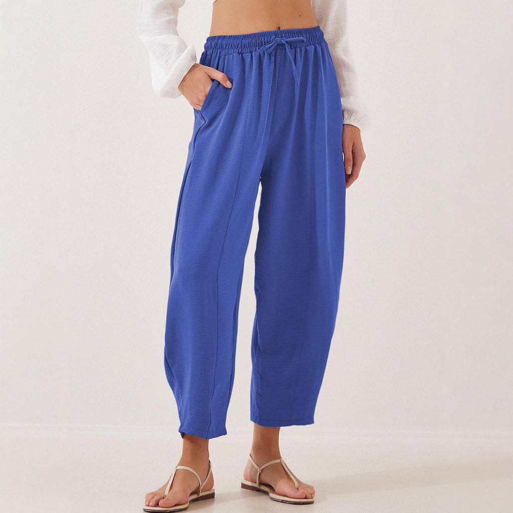 Women Clothing Spring Summer High Waist Loose Vacation Casual Drawstring Pocket Cropped Pants
