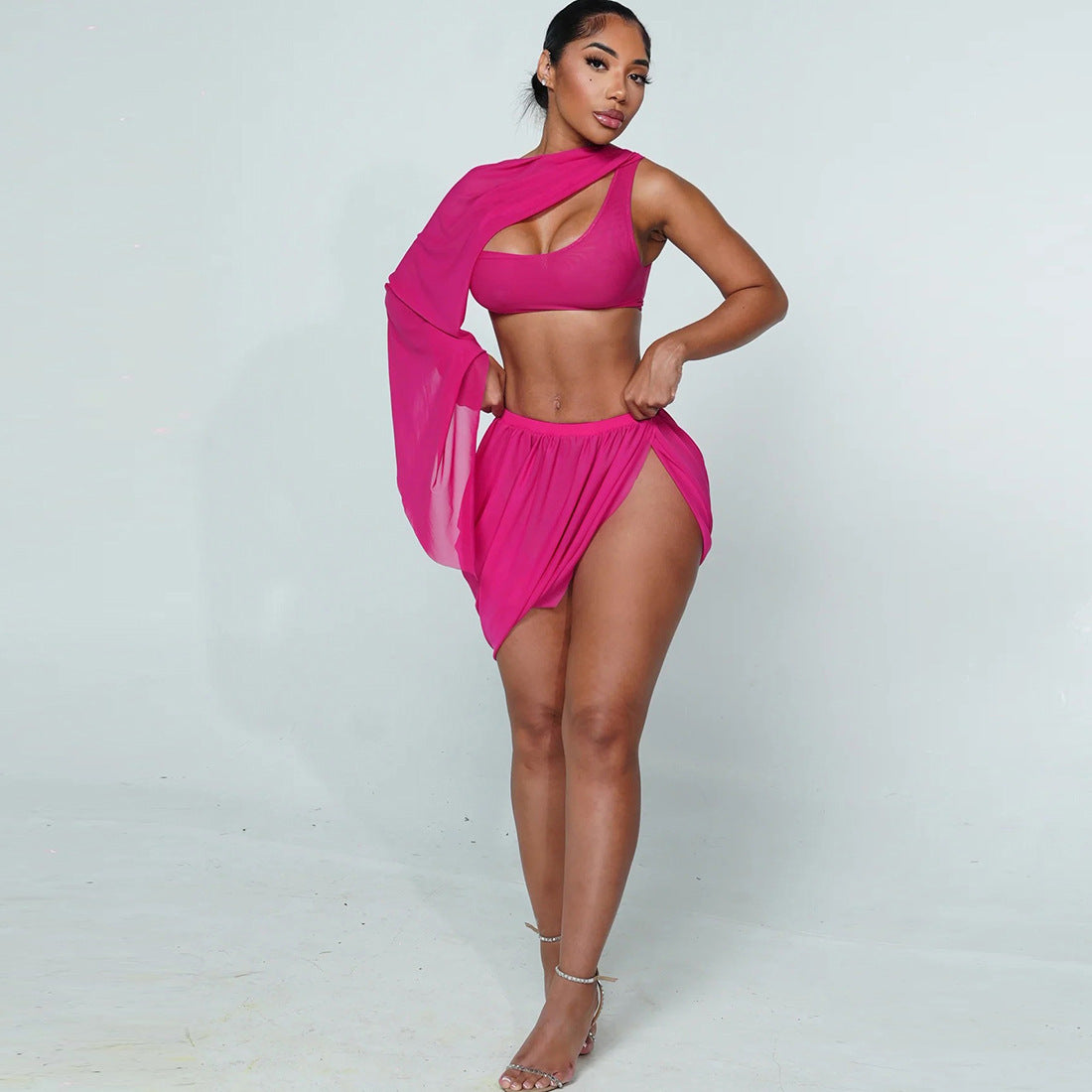 Fall Women Clothing Mesh Sexy Unilateral Long Sleeves Cropped Top Fold Split Skirt Outfit