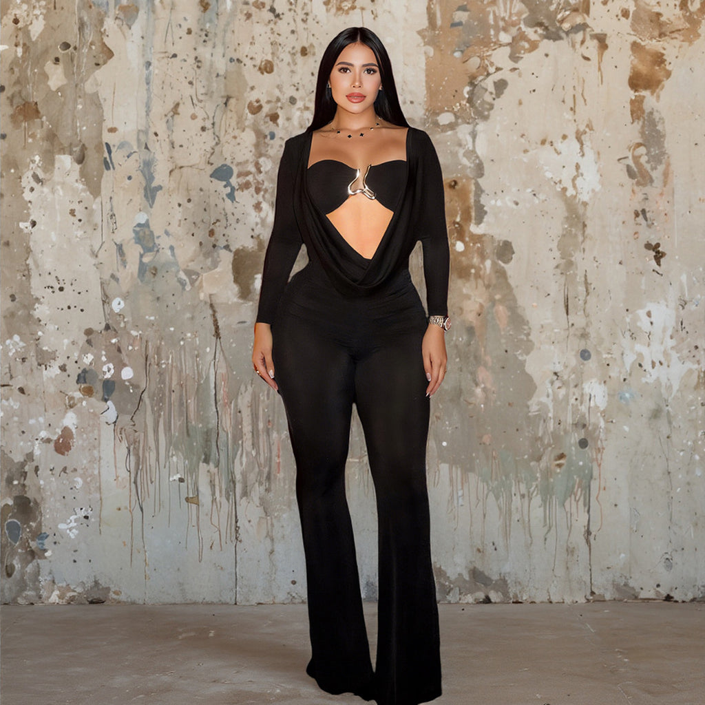 Women Clothing Fall Sexy Hollow Out Cutout Pile Collar Slim High Waist Long Sleeves Jumpsuit