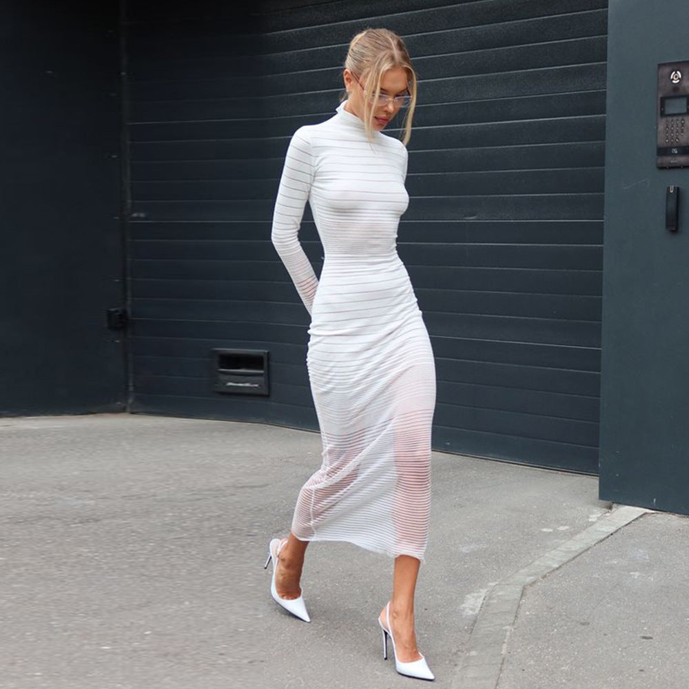Autumn Winter Dress Knitted Long Sleeved Sexy Slim Striped See through Dress