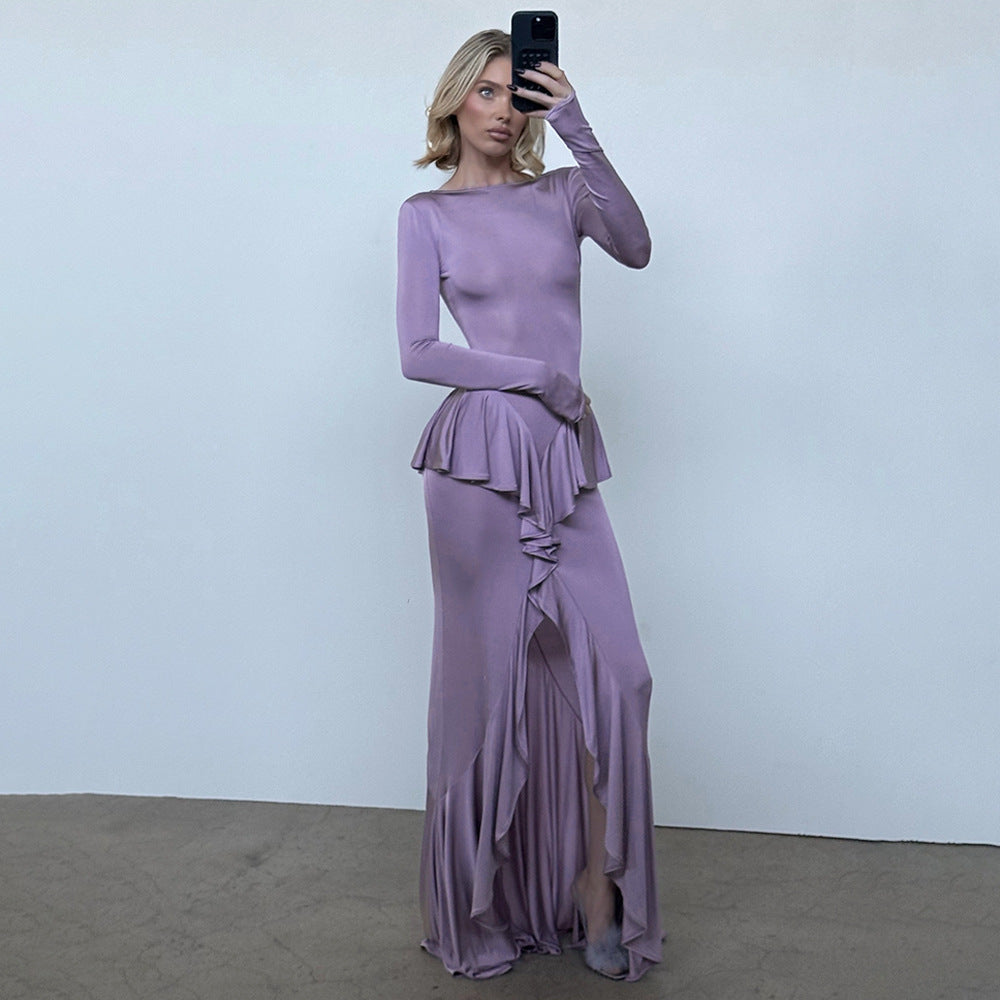 Spring Summer Sexy Backless Women Dress Elegant Ruffles Slit Slim Fitting Dress