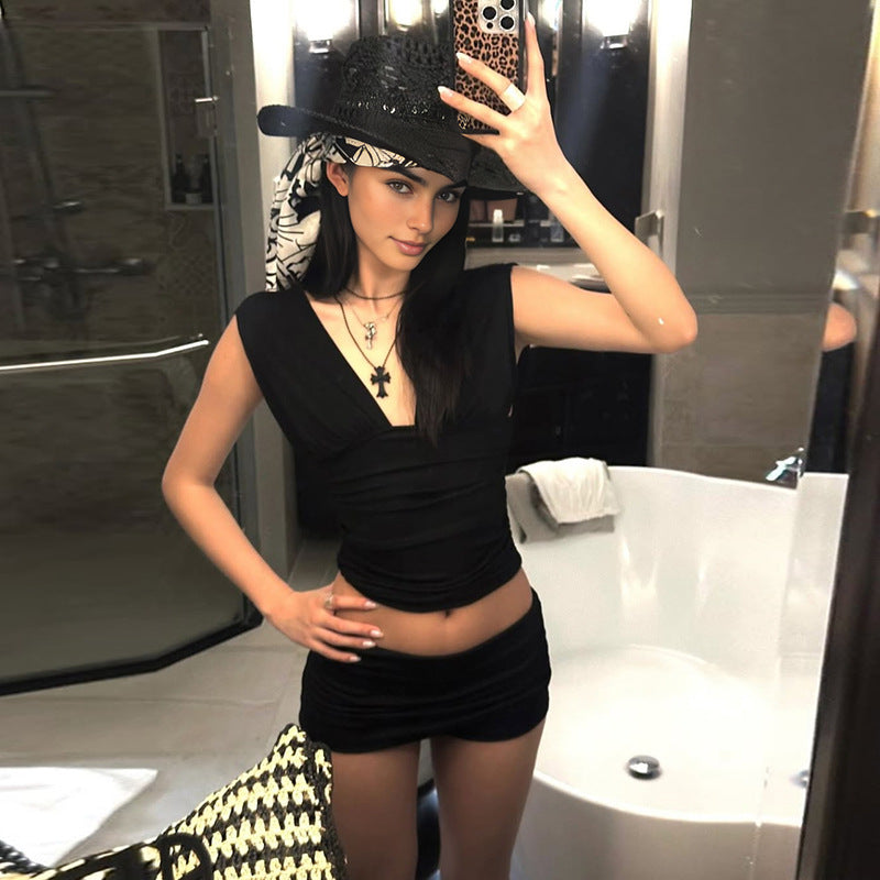 Women Clothing Summer Sexy Deep V Plunge neck Solid Color Vest High Waist Slim Fit Pleated Shorts Two Piece Set